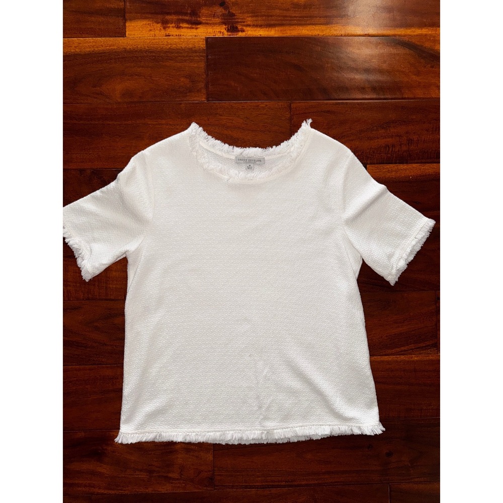 Green Envelope Top Women Medium White Excellent Fringe  Textured Short Sleeve
